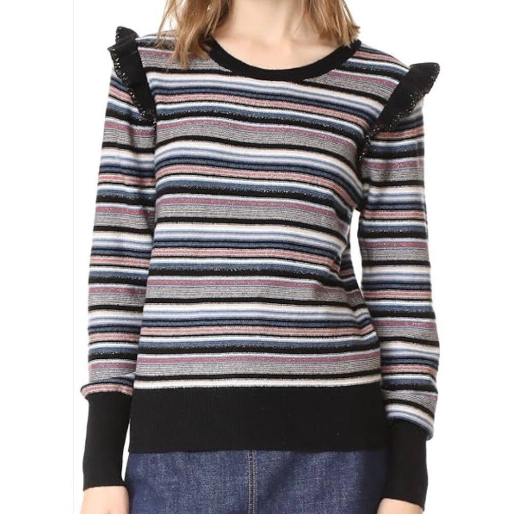 Joie Cais Stripped Ruffle Shoulder Cashmere Wool Blend SWEATER sz S